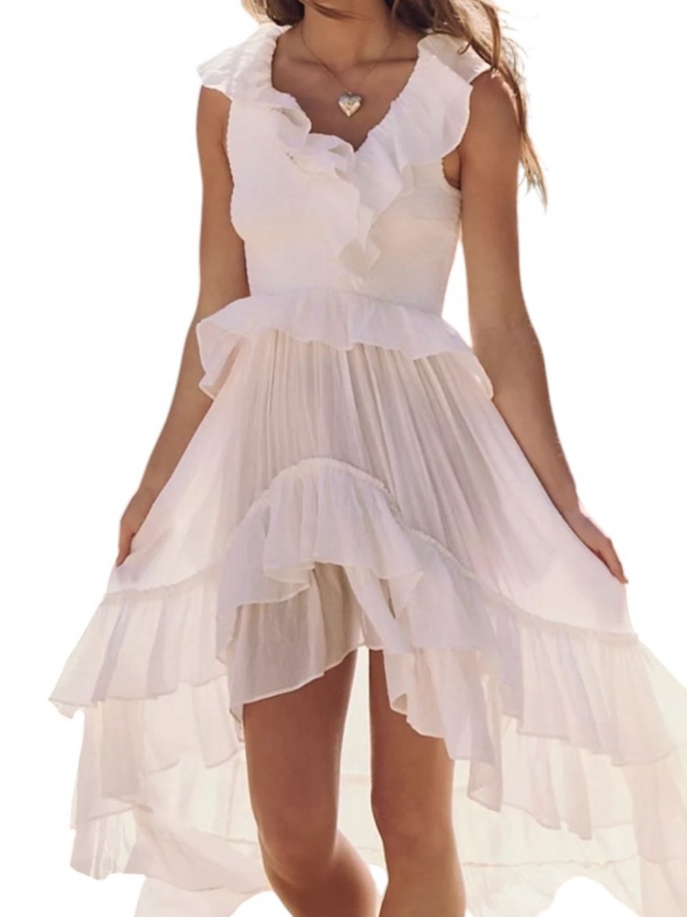 Free People White Ruffled tiered Hi-Low Summer Dress